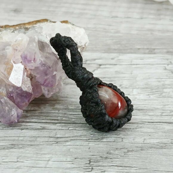 Macrame Bloodstone Crystal Pendant, Polished Gemstone Jewelry 1.5" - Picture 5 of 5